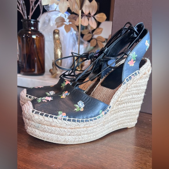 Saint Laurent YSL Floral Black Leather Ankle Wrap Espadrille Wedge Heel EU 40 - Picture 5 of 9